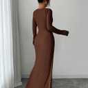 Women's Long Sleeve Maxi Bodycon Dresses Elegant Semi Formal Cocktail Knit Body Con Asymmetrical Weddding Guest (Brown, S)