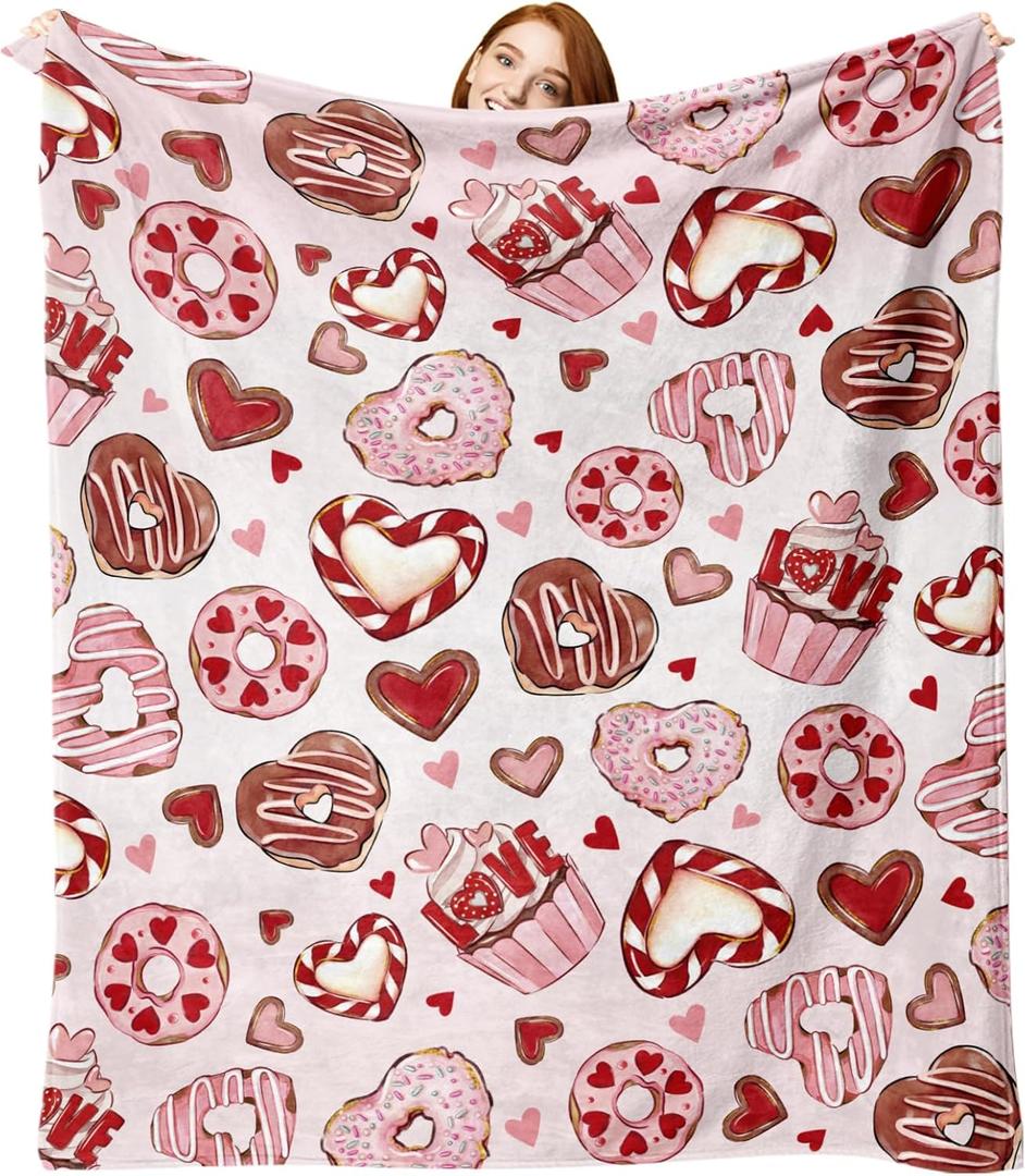 Valentines Day Dessert Flannel Throw Blanket, Pink Love Heart Cupcake Donut Anniversary Wedding Birthday Gifts for Women Girlfriend Wife Lover, Romantic Soft Blankets for Bedding Sofa 50" x 60"
