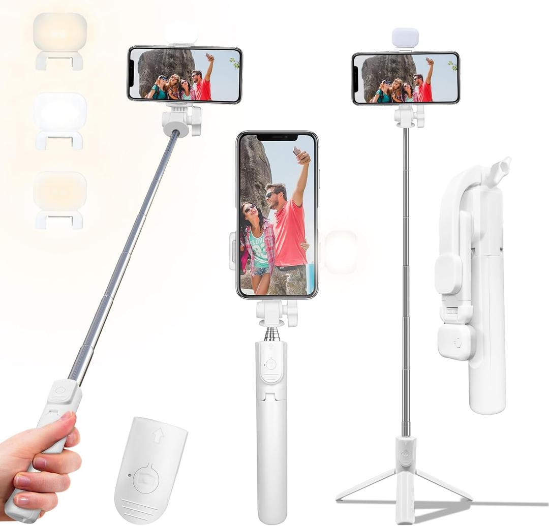 Selfie Stick Tripod, 40 in Retractable Tripod for iPhone with Wireless Remote Control & Light, Portable Phone tripods for Photograph, Live Streaming, Video Recording, Compatible with All Cellphones