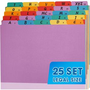 1 Set A-Z Alphabetic and Number Top Label Files, Legal Size, 25 Sheets File Dividers 1/5 Cut Label File Cabinet Dividers Desk Organizer for Office, Home and School (Rainbow)