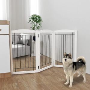 ZJSF Freestanding Foldable Dog Gate for House Extra Wide Wooden White Puppy Gate Stairs Dog Gates Doorways Tall Pet Gate 3 Panels Pet Fence (3 Panels60''W x 32''H)