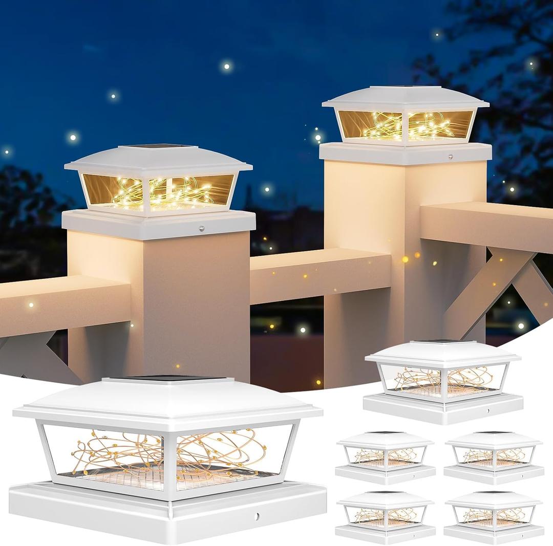VOLISUN Solar Post Cap Lights Outdoor 6Pack, White Fence Cap Lights Solar Powered Fits 4x4 6x6 Wooden/4x4 5x5 Vinyl Post, Firefly filaments Lighting for Garden/Patio/Porch,with Warm White
