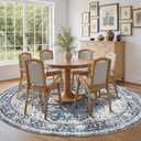 AMADA Round 8x8 Washable Area Rug for Dining Room, Blue, Vintage Pattern