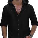 Mens Linen Shirts Casual Button Down Shirts Long Sleeve Roll-Up Sleeve Summer Beach Shirts Tops with Hood (XX-Large, Black)