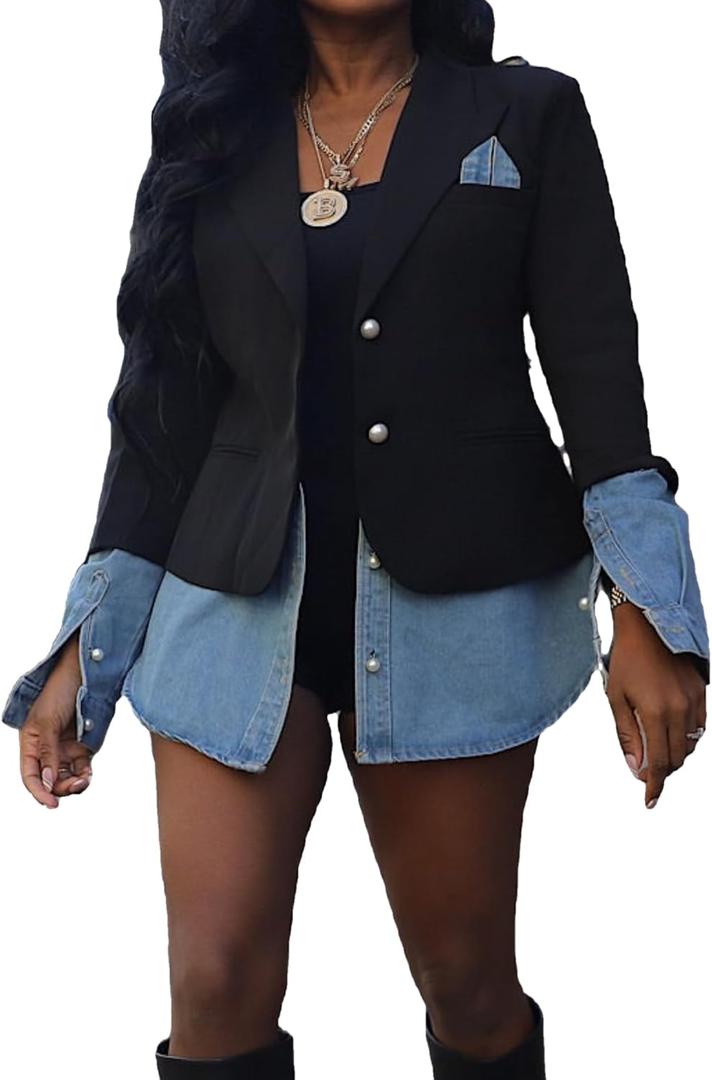 Vaceky Women's Denim Shirt-Tail Blazer Pearl Buttons Slit Jean Cuffs Business Jacket (Large, Black)
