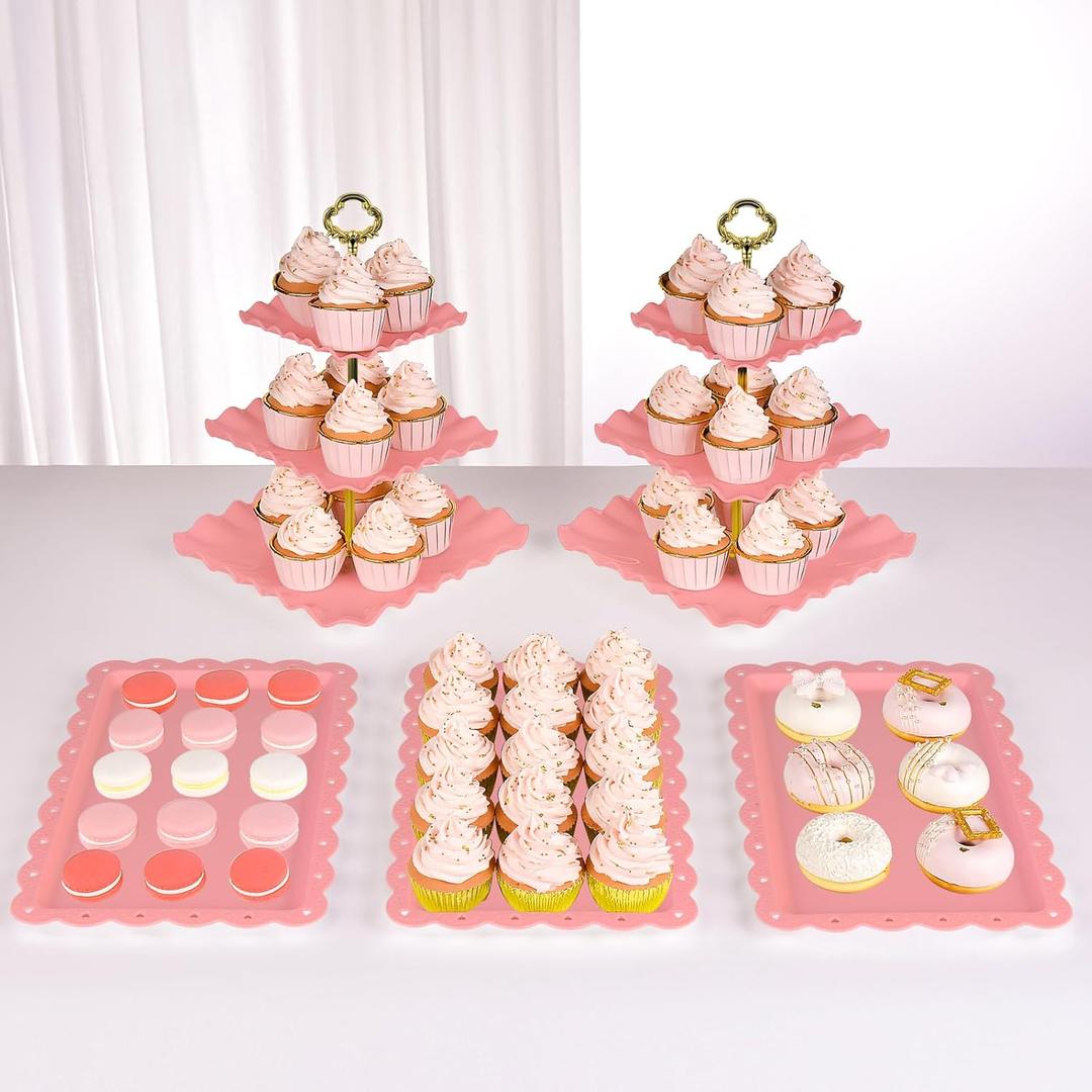 NWK 5 Piece Cake Stand Set with 2 x Large 3-Tier Cupcake Stands, 3 x Appetizer Trays, for Wedding Birthday Baby Shower Tea Party Decorations (Pink) NWK 5 Piece Cake Stand Set with 2 x Large 3-Tier Cupcake Stands, 3 x Appetizer Trays, for Wedding Birthday Baby Shower Tea Party Decorations (Pink)