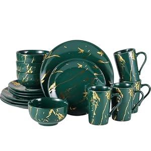 Loymokinar 16-Piece Microwave Safe Dinnerware Set, Green and Gold Marble Plates and Bowls Set for 4, Stackable Porcelain Dish Set