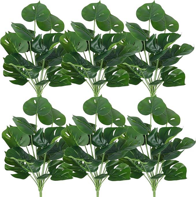 RECUTMS 6 Bundles Fake Plants Artificial Tropical Palm Leaves Tree Faux Monstera Shrubs Green Plant Turtle Leaf Stems UV Resistant Greenery Indoor Outdoor Home Garden Office Bouquet Filler Decor, 2ft