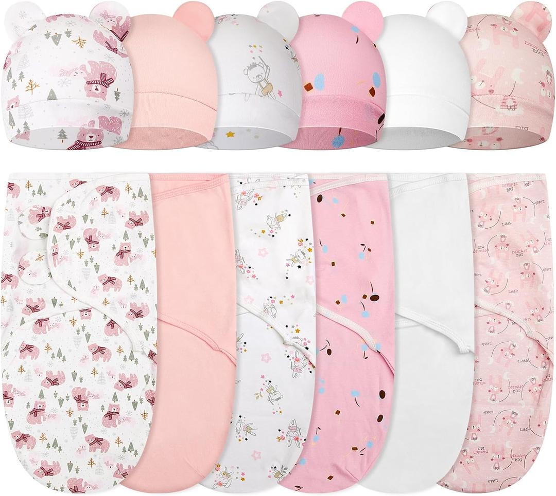 Ramede 6 Pack Baby Swaddle Blanket with Hats Sleep Swaddle for 0-3 Months Newborn Sacks Soft Cotton Wearable for Boy Girl (Pink)