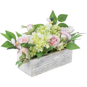 MyGift Artificial Floral Arrangement with Faux Pink Peonies, Green Hydrangea and Foliage in White Washed Solid Wood Planter Box, Tabletop Flower Centerpiece for Home Decor, Wedding, Events