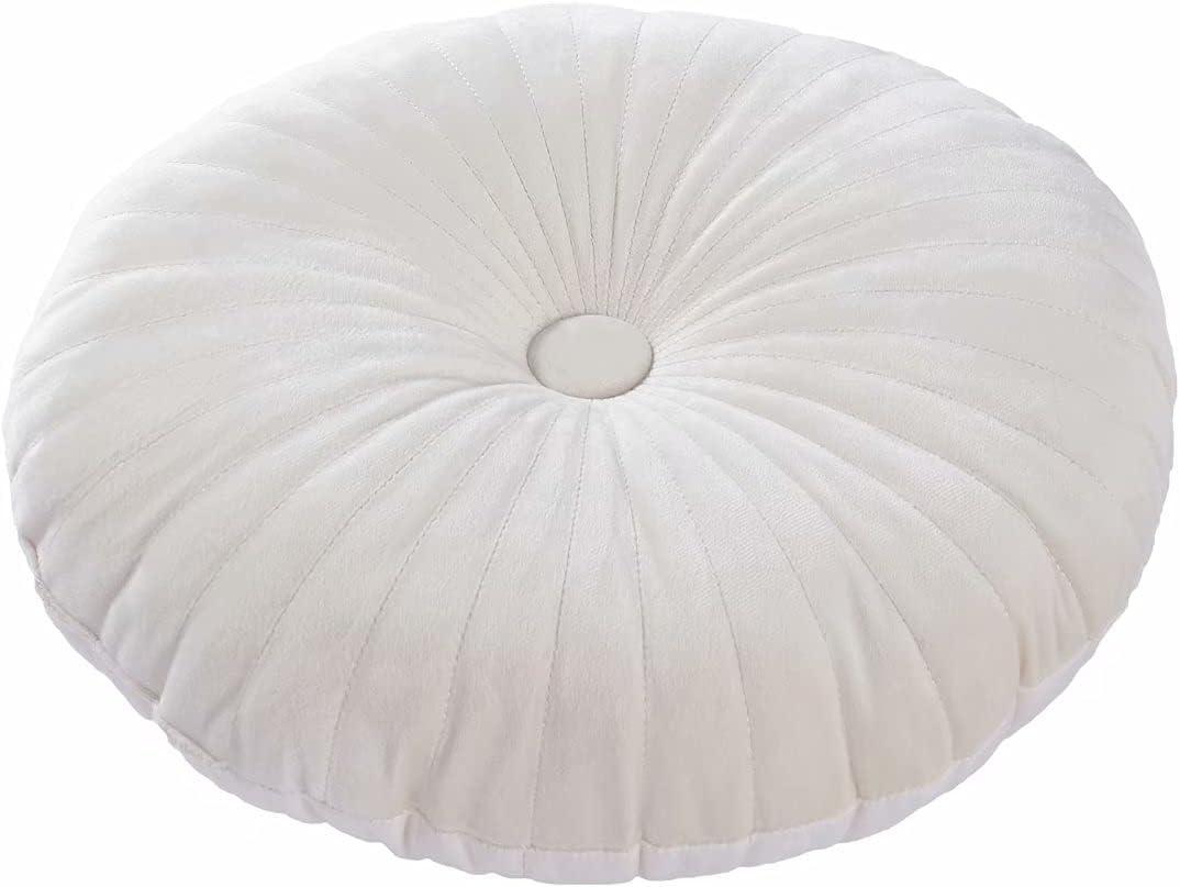 HLOVME Round Pillow Cushion for Couch Velvet Decorative Small Throw Pillow Solid Color for Living Room Bed Floor 13.7”, Beige