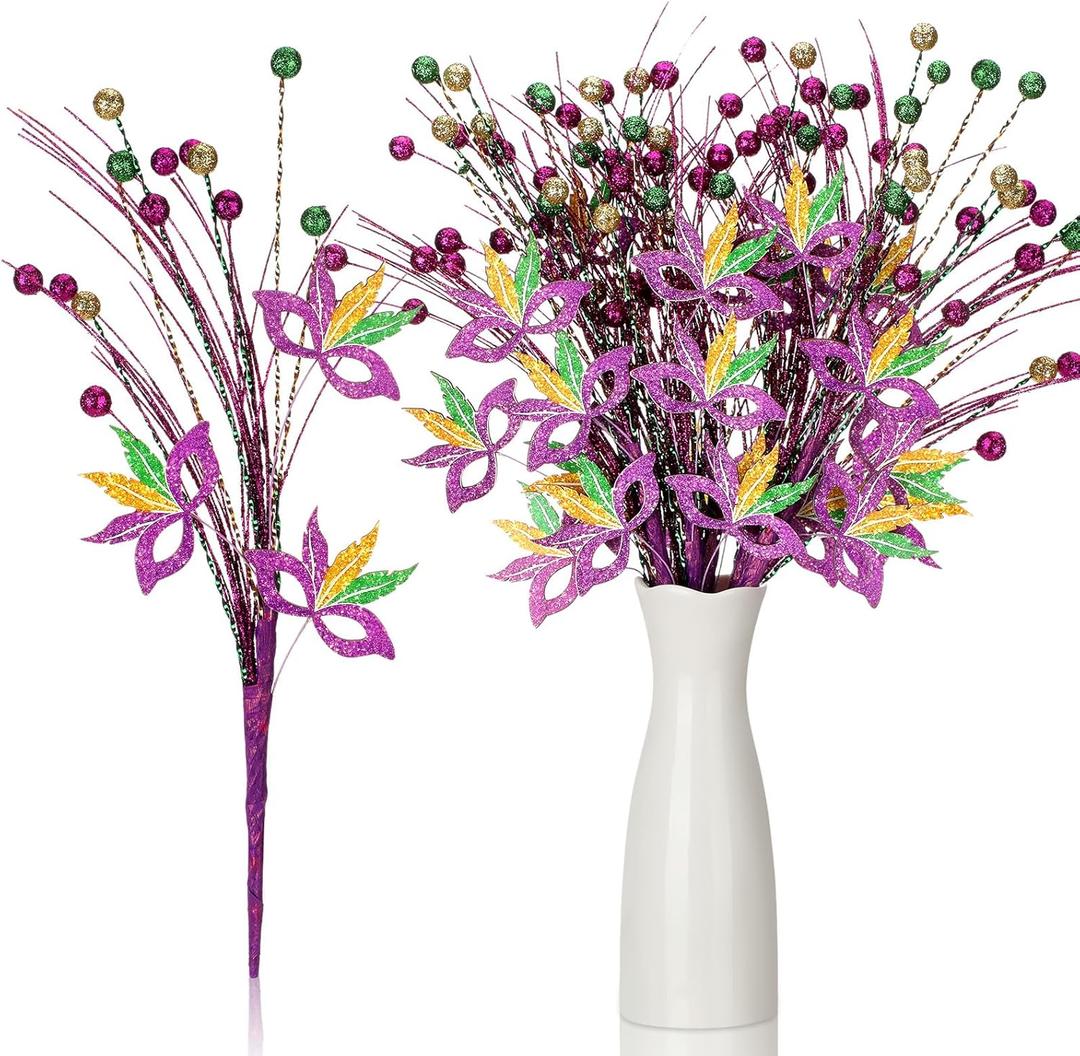 Norme Orme 6 Pcs 16 Inch Mardi Gras Picks Decoration Glitter Purple Green Gold Mardi Gras Floral Picks and Sprays Artificial Berry Stems Carnival Tree Branch Table Centerpiece for Party Vase Ornament