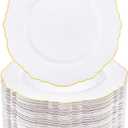 WDF 60pcs Gold Plastic Dinner Plates -10.25inch Baroque White and Gold Plates Fancy Plastic Plates for Upscale Party/Wedding/Birthday