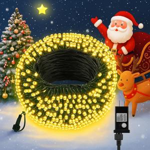 Christmas Lights Outdoor 100LED 33FT, Green Wire Connectable Christmas String Lights | 8 Modes Twinkle Fairy Lights Plug in with Timer, for Indoor Outside Xmas Trees Garden Party, Warm White