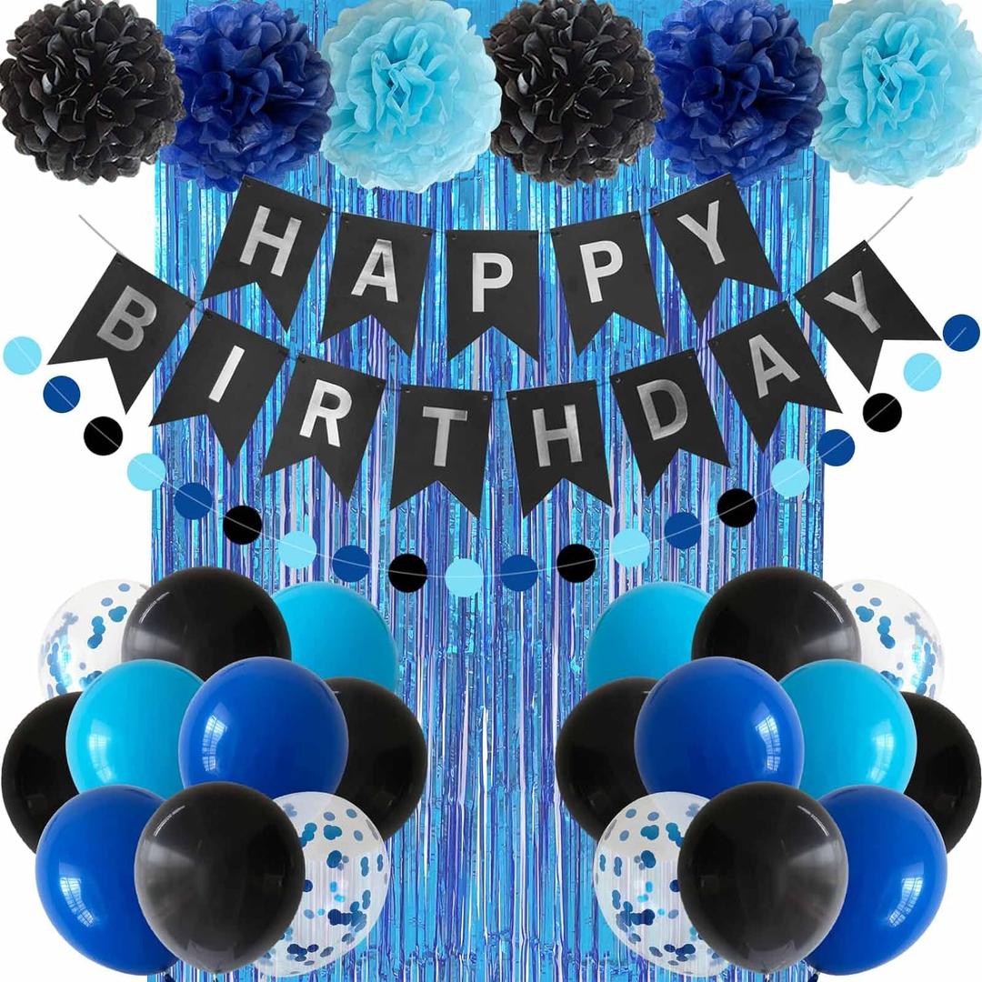 ANSOMO Blue and Black Happy Birthday Party Decorations for Boys Men Banner Balloons Navy Royal Light Blue Pom Poms Foil Curtain Dcor Supplies 13th 16th 18th 20th 30th 40th 50th 60th 70th 80th
