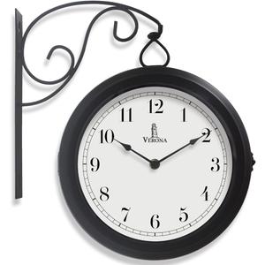 Metal Double Sided Wall Clock 10" - Decorative Indoor Outdoor Double Sided Clock - Easy to Read, Hanging Train Station Style for Patio, Garden, Office & More - Antique Style Outside Corner Wall Decor (Black)