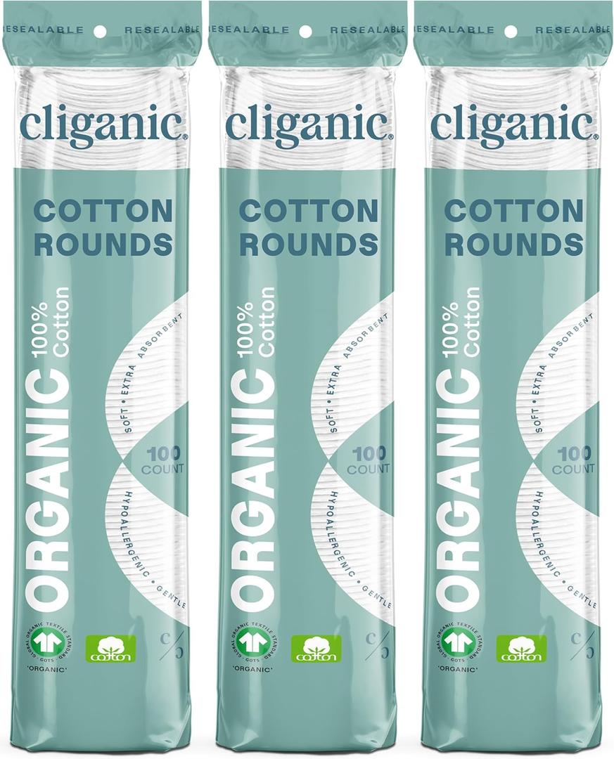 Cliganic Organic Cotton Rounds (300 Count) Makeup Remover Pads, Hypoallergenic, Lint-Free | 100% Pure Cotton 