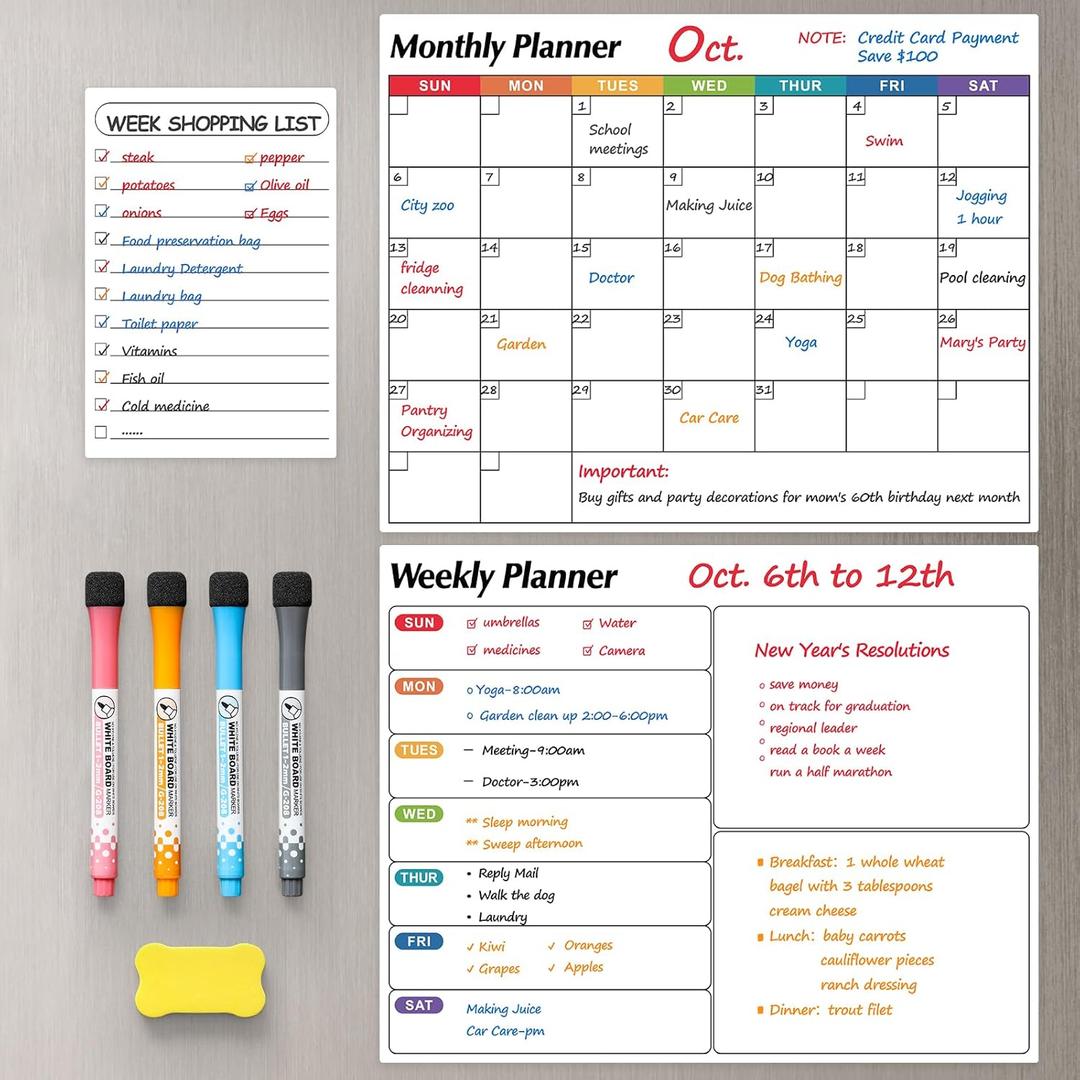Dry Erase Magnetic Calendar for Refrigerator, 3 Pack- Monthly & Weekly & Daily Planner Magnet Whiteboard for Fridge Wall Door - Shopping, Meal/Menu, to Do List, Family Schedule Planning Board (D)