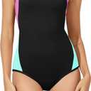 Beautikini Period Swimwear One Piece Leakproof Menstrual Swimsuit Racerback Color Block Bathing Suit for Teen Girls Women (X-Small, Black/Rose Pink/Blue Turquoise)