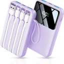 Power Bank, 15000mAh Portable Charger with Built in Cable, 22.5W Fast Charging, 6 Outputs, Slim Travel Essential Battery Pack with LED Display, Compatible with iPhone 17/16/15/14/13, iPad Purple