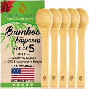 Bamboo Spoon Set (5 Pc), Small Kitchen Teaspoons, Tiny Wooden Spoons Perfect for Sugar, Spices, Seasoning, Coffee, Jam, Herbs, Honey & Dessert