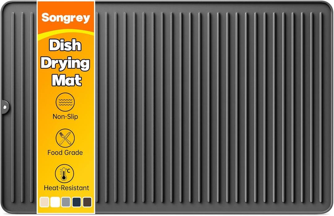 Songrey 28" x 18" Silicone Dish Drying Mat, Kitchen Counter Drying Pad for Sink Dishes or Under Rack, Multi-Use as Heat Resistant Trivet, Coffee Bar Mat