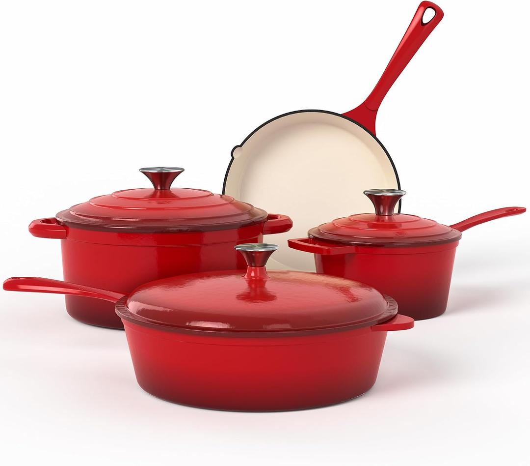 Kitchen Academy Enameled Cast Iron Cookware Sets - 7Pcs Pots and Pans Set Non Toxic, Induction Dutch Oven Set, PFOA&PFAS Free, 7 Pcs - Red