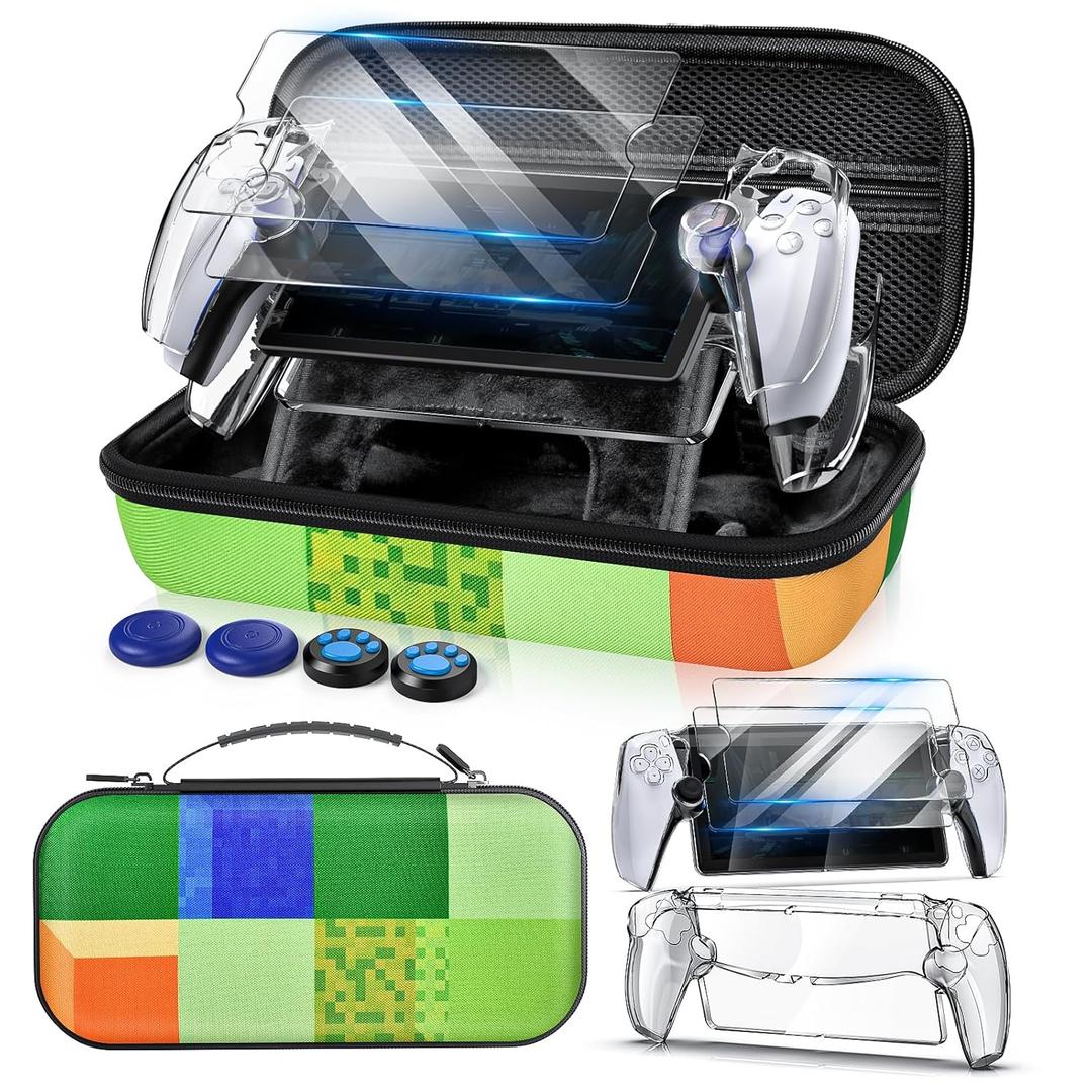Auarte 12 in 1 Accessories Set for Playstation Portal Remote Player, Hard Carrying Case for PS Portal with Clear Skin Case for PS5 Portal, 2 Screen Protector with 4 Thumb Grip, World Green