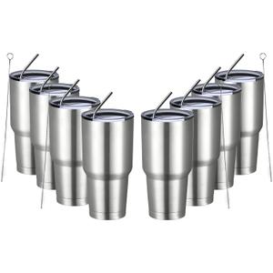 MEWAY 30oz Insulated Tumbler With Lids and Straws,Stainless Steel Double Vacuum Coffee Tumbler Cup, Brush, Durable Powder Coated Coffee Cup for Cold & Hot Drinks, Office, Travel(Silver,8 PACK)