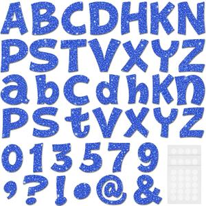 Colarr 216 Pcs Glitter Bulletin Board Letters for Classroom Number Alphabet Punctuation Symbol Cutout 4'' Die-Cut Poster Letter with Adhesive Dot School Graduation Party Holiday Decor Display(Blue)