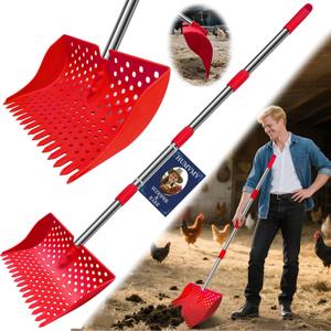 US Patent Pending 12-Inch 2-in-1 Chicken Poop Scooper & Rake,3-Shape Sifting Holes Chicken Coop RakeStainless Steel Handle 2061" Litter Scooper & Sand Sifting Shovel for Chicken Coops Red