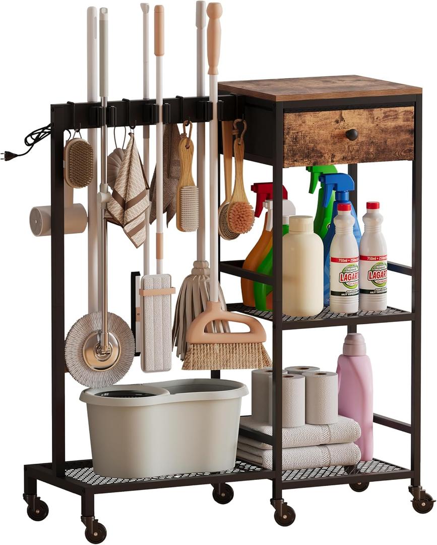Unionly Heavy Duty Metal Cleaning Cart with Wheels,Broom Holder with Cleaning Supplies Organizer,Broom Storage Cart with Mop Hanger Gripper Rack Hooks for Home, Commercial (Rustic Brown, 29.72" L)