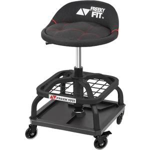 Rolling Shop Stool with Wheels, Garage Work Mechanic Stool with Backrest, Roller Mechanic Chair, Adjustable Height, 360 Swivel, Tool Tray Storage, 330 LBS Capacity, Heavy Duty, Black