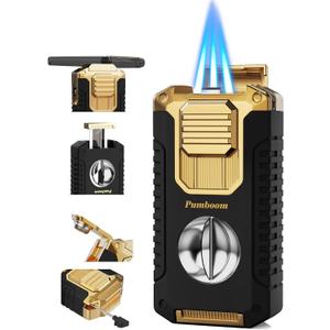 5-in-1 Torch Lighter with V Cutter, Punch, Holder, Draw Enhancer Tool, and Triple Windproof Jet Flames, Butane Lighter with Gift Box, Cool Accessories for Men (Butane not Included) (Black & Gold)