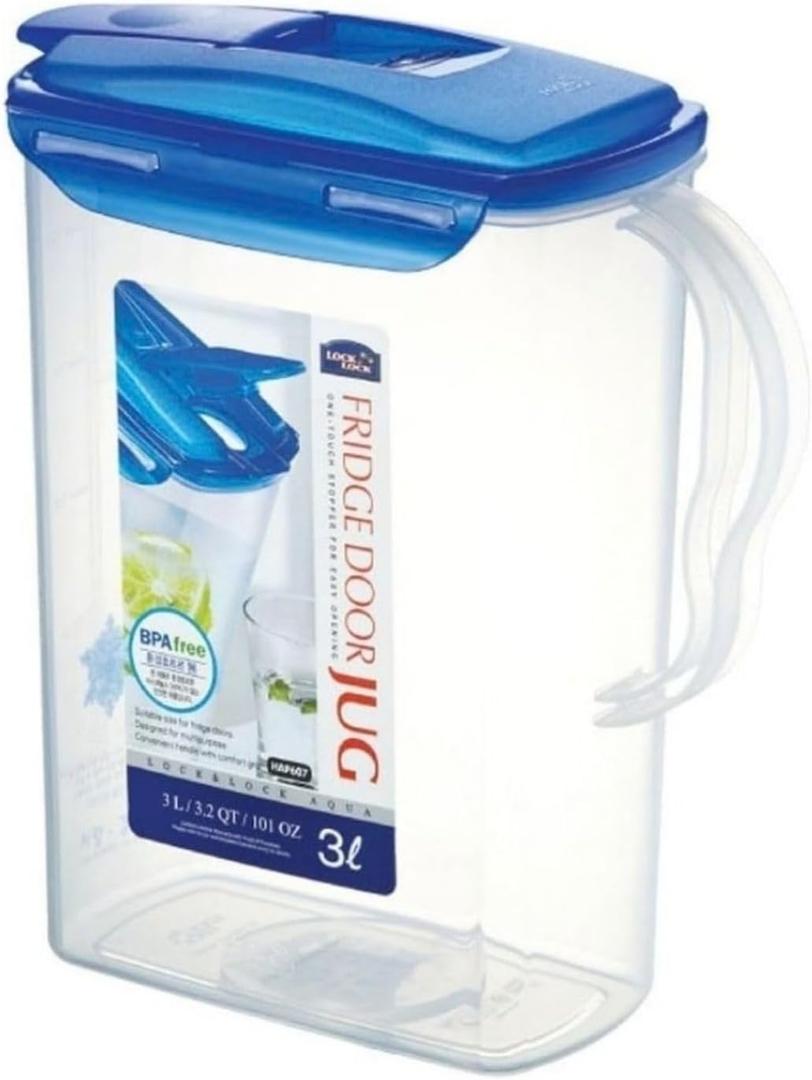 LocknLock Aqua Fridge Door Water Jug with Handle BPA Free Plastic Pitcher with Flip Top Lid Perfect for Making Teas and Juices, 3 Quarts, Blue (96 Ounces)