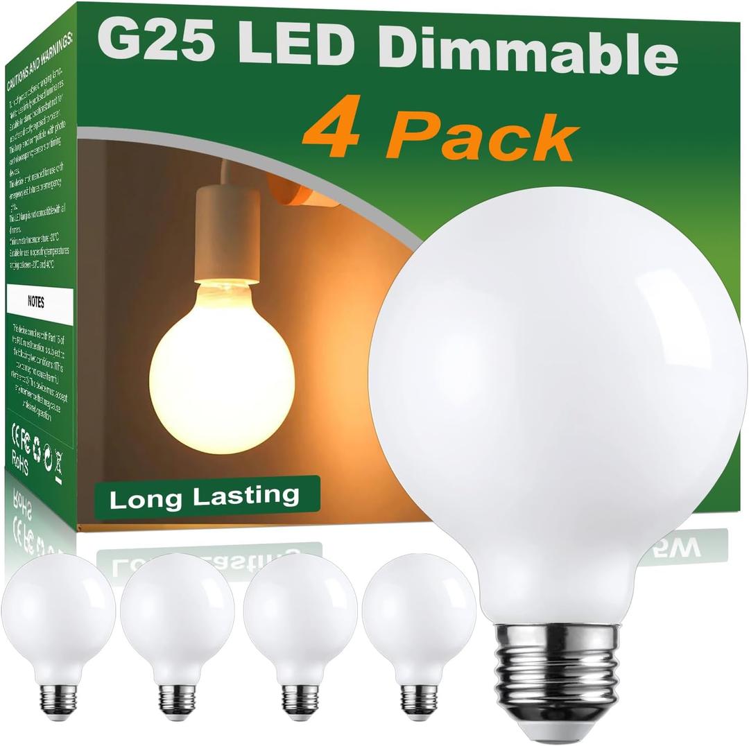 Vinaco Dimmable G25 LED Globe 2700K Warm White, 4 Pack G25 Vanity Light Bulbs 450LM, Matt Opal Glass G 25 Bulb LED 6W Equivalent 60W 120V, E26 Flicker Free G 25 led Bulb for Bathroom Vanity Mirror