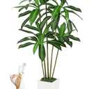 Artificial Dracaena Trees Indoor, 6FT Tall Fake Plant Faux Tree with White Tall Planter, Floor Plants in Pot with Trunk and Lifelike Leaves for Housewarming/Home & Office Decor