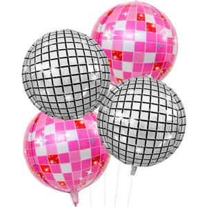 Disco Ball Balloons Pink Silver 4PC,Foil Disco Balloons 22 Inch 4D Round Pink Silver Balloon for 70s 80s Birthday Bachelorette New Year Graduation Decorations