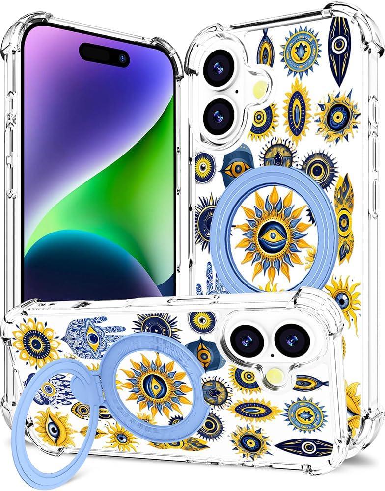 for iPhone 17 Case Magnetic Clear Design,Compatible with MagSafe,Kickstand Vertical/Horizontal,Shockproof Airbag Bumpers Phone Cover - Blue Evil Eyes