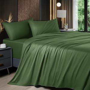 Shilucheng 4 Piece King Sheet Sets, Cooling Sheets, Blend Rayon Derived from Bamboo, Deep Pocket Up to 16", Breathable & Soft Bed Sheets, Hotel Silky Bedding Set, Olive Green
