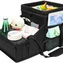 COOLBEBE Car Seat Organizer, Backseat Car Organizer with Cup Holders for Kids and Adults Travel, Cooler Compartment Passenger Seat Organizer Storage Box for Front or Middle Seat, Black