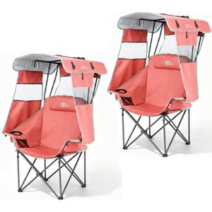 Camping Chair with Canopy Shade Beach Chair with UPF 50+ Sun Shade, Cup Holder, Side Pocket, Portable Folding Chair for Adults Fishing Camp Outdoor Sport Lawn Chair Support 400 LBS, Pink