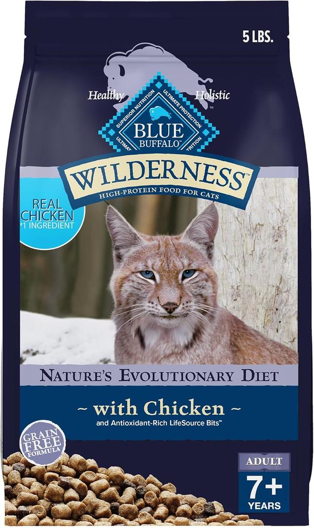Blue Buffalo Wilderness Natural Mature Dry Cat Food for Cats 7+ Years, High-Protein and Grain-Free Diet, Supports Immune System Health and Energy to Stay Active, Chicken, 5-lb. Bag (5 Pound (Pack of 1)) Best By 02/13/2026