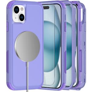 Diverbox for iPhone 15 case Compatible with Magnetic with Screen Protector 2 Pack [Three-Layer Combination][15 FT Military Grade Drop Protection] Heavy Duty Full-Body Shockproof Phone Case (Purple)