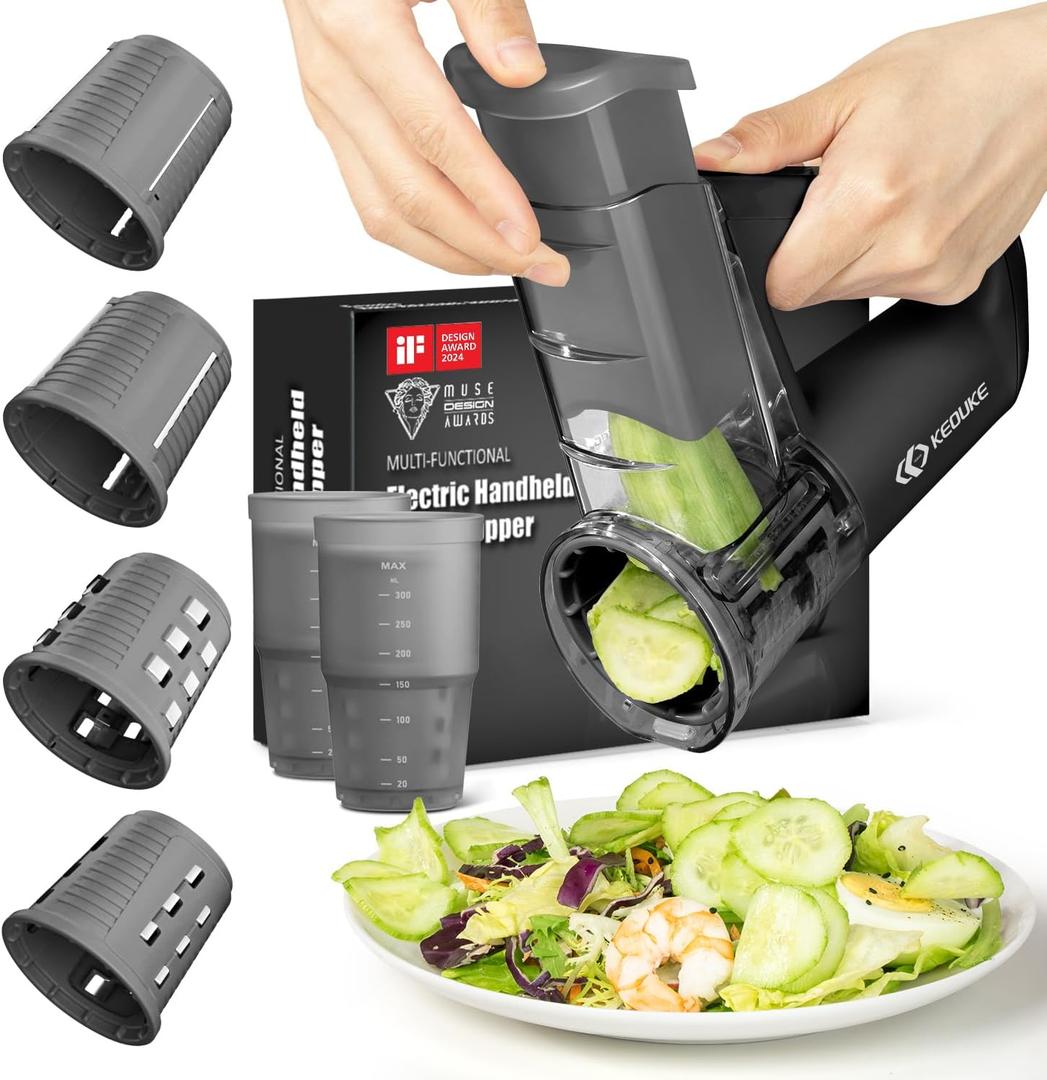 KEOUKE Electric Vegetable Slicer Handheld Cordless Salad Shooter One Touch Easy Control Rotary Grater Vegetable Shredder with Ice Shaving Blade, 4 Blades, Dual Storage Cups, Upgraded Safety, Black