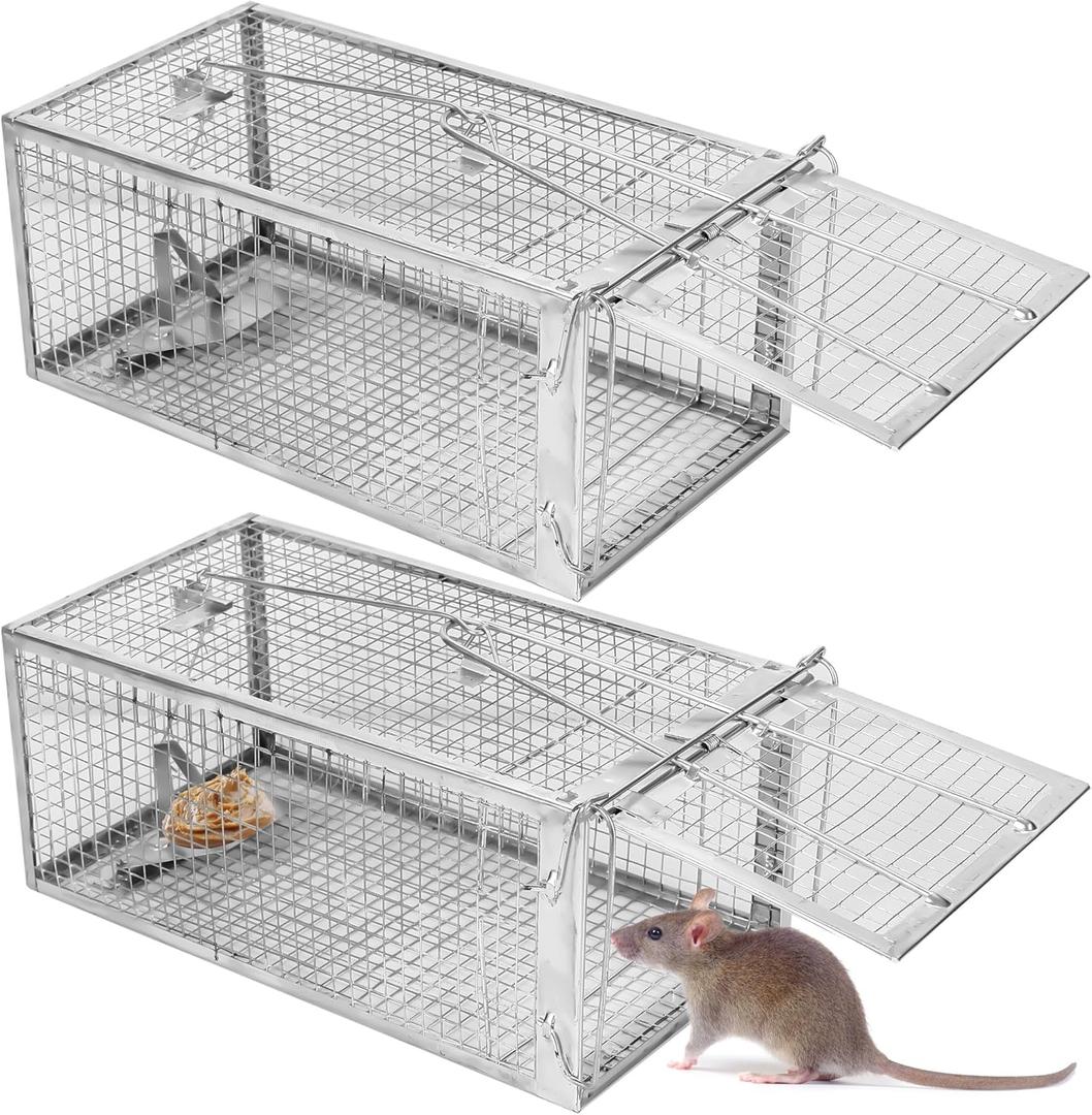 2Pack Humane Rat Traps, Live Mouse Rat Cage Traps Catch and Release for Indoor Outdoor, Small Animals Traps, Easy to use,(10.6"x 5.5"x 4.5")