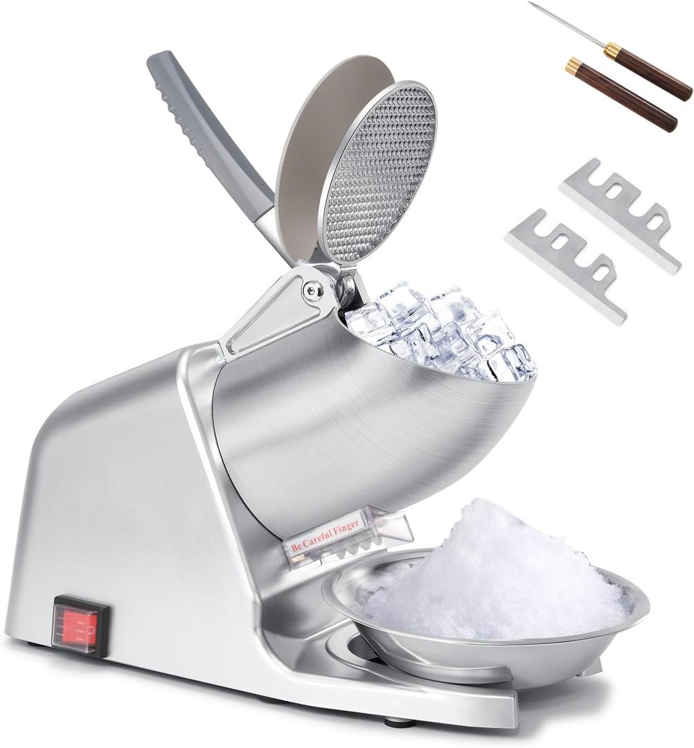 Dual Blade Ice Shaver Machine, 143 lbs/hr, 300W Electric Ice Crusher Machine with Ice Pick for Home and Commercial Use, ETL-Listed, Blue
