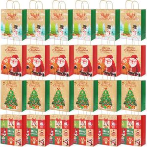 PARSUP 24PCS Medium Christmas Kraft Gift Bags Assorted Styles Bags Xmas Small Paper Bags with Handles Goodie Bags with Christmas Prints for Xmas Gift Wrapping Party Supplies