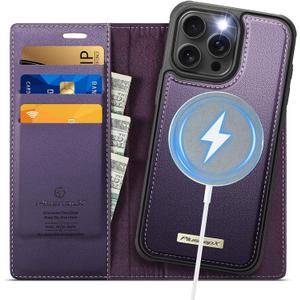 Wallet Case for iPhone 13 Pro Compatible with Magsafe, 2-in-1 PU Leather Flip RFID Blocking Card Holder Stand Shockproof Magnetic Detachable Cover for iPhone 13 Pro Case 6.1", Fashion Purple