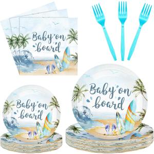 Sunnyray 96 Pieces Baby Shower Plates and Napkins Party Decorations Supplies Baby Shower Party Dessert Plates Napkins Forks for 24 Guests(Baby on Board)
